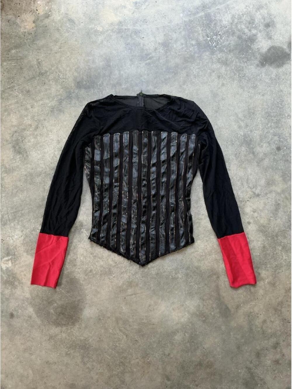 Y2K Black Faux Leather Corset Top | Mesh Long Sleeve Gothic Bustier